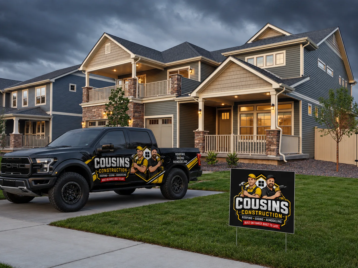 Cousins Construction truck and yard sign in front of a finished home in Chicagoland