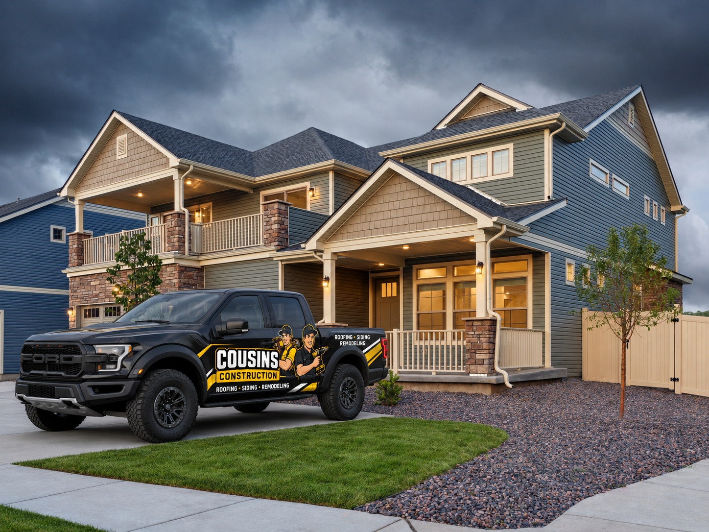 Cousins Construction truck in front of a completed roofing and siding project in Chicagoland