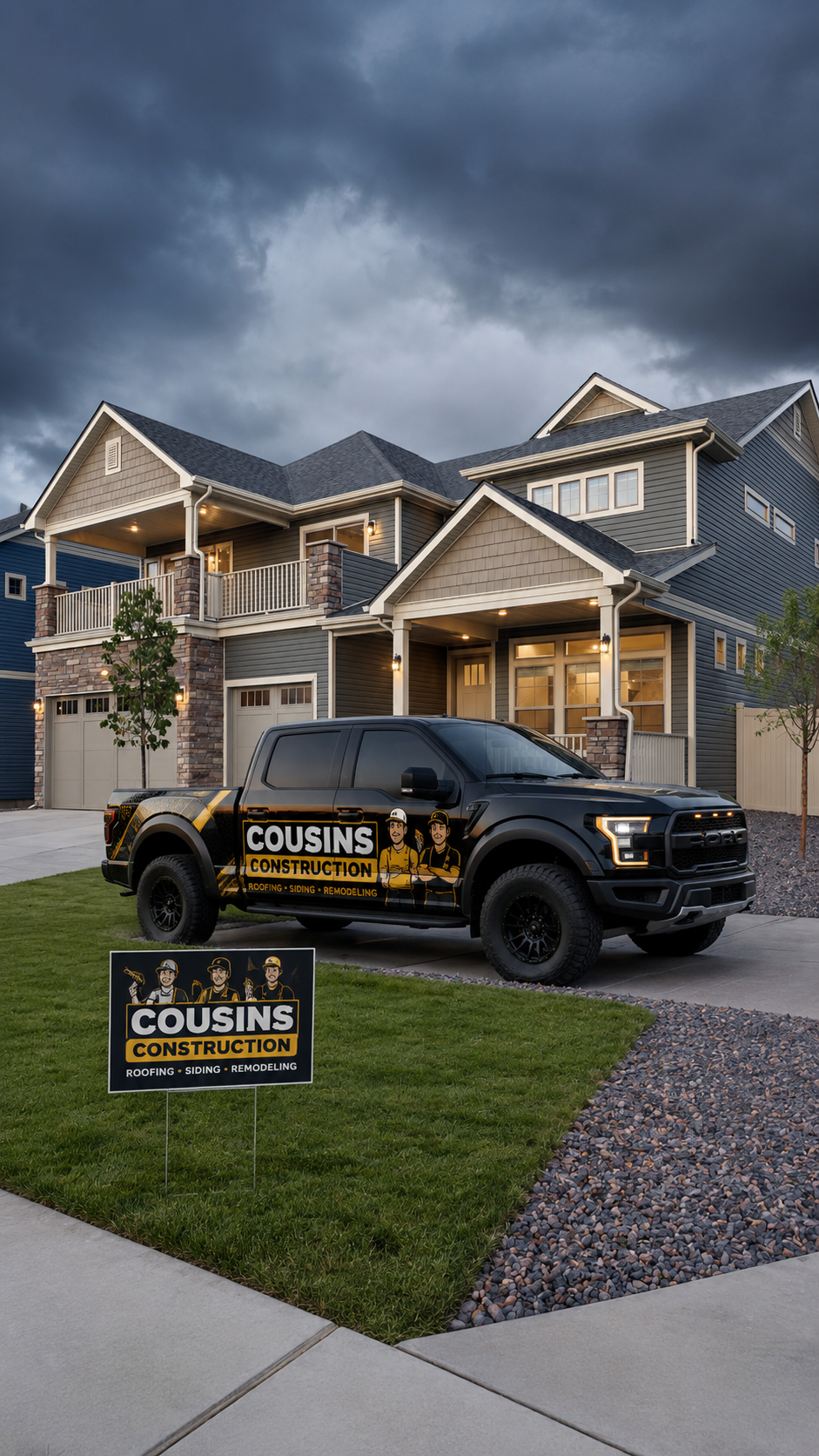 Cousins Construction truck and yard sign in front of a finished home in Chicagoland